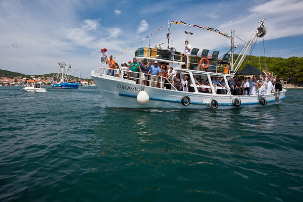 Boat carrying statue of Snow Madonna in Kukljica, island Ugljan, Croatia