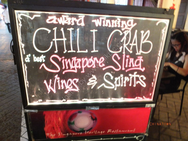 Signage for Chilli Crab & Singapore Sling, China Town