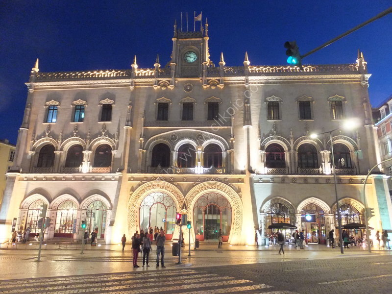 Facade of Rossio Train Station at Night