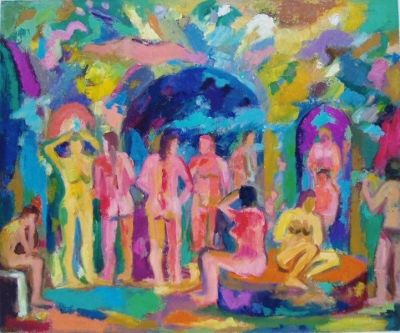 'Conversations in the Baths, 1'<br>
Oil on board<br>
60cm x 45cm