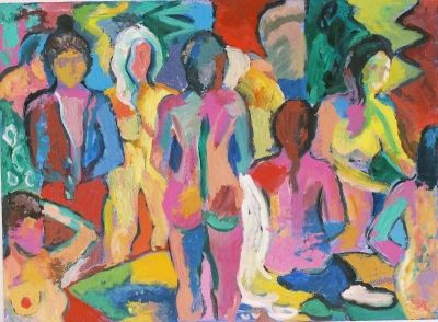 'Women and Dressing Gowns in the Baths.'<br>
Oil and acrylic on board