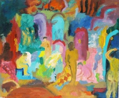 'Women and Towels in the Baths.'<br>
Oil on board<br>
61cm x 51cm