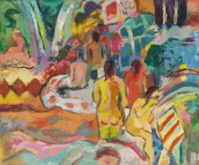 'Women and Towels in the Turkish Baths.'<br>
Oil on board<br>
60cm x 45