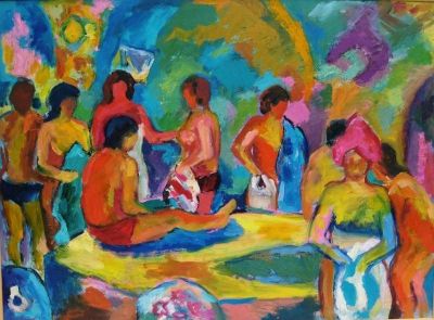 'Conversations in the Baths.'<br>
Oil on board