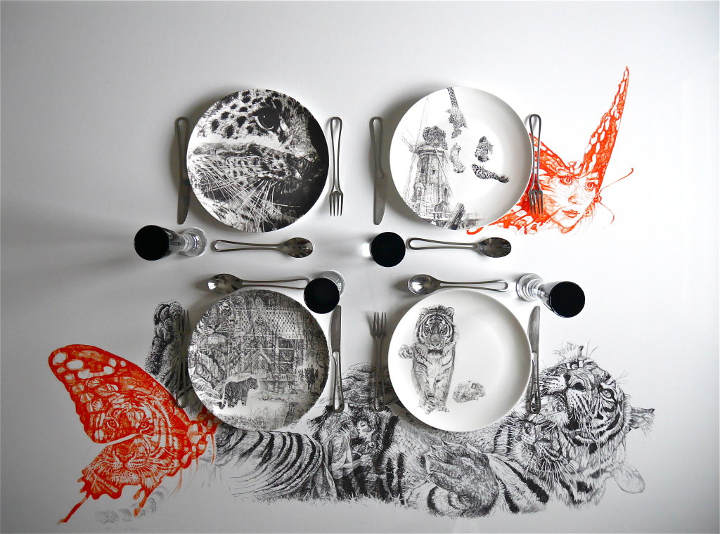 Fine Dining in the Company of Leopards and Tigers - Limited Edition Fine English China Coupe Plates