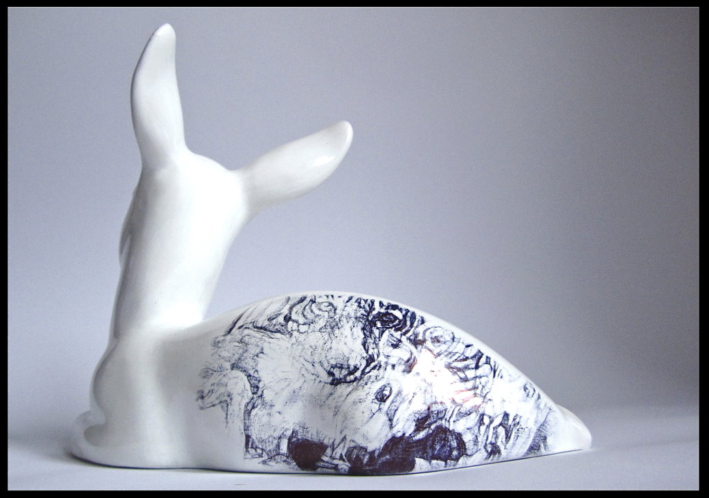 'Machli', Back View black Biro on found Ceramic Midwinter Fawn Figurine