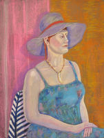 Art class model with lilac hat. Model wearing lilac hat