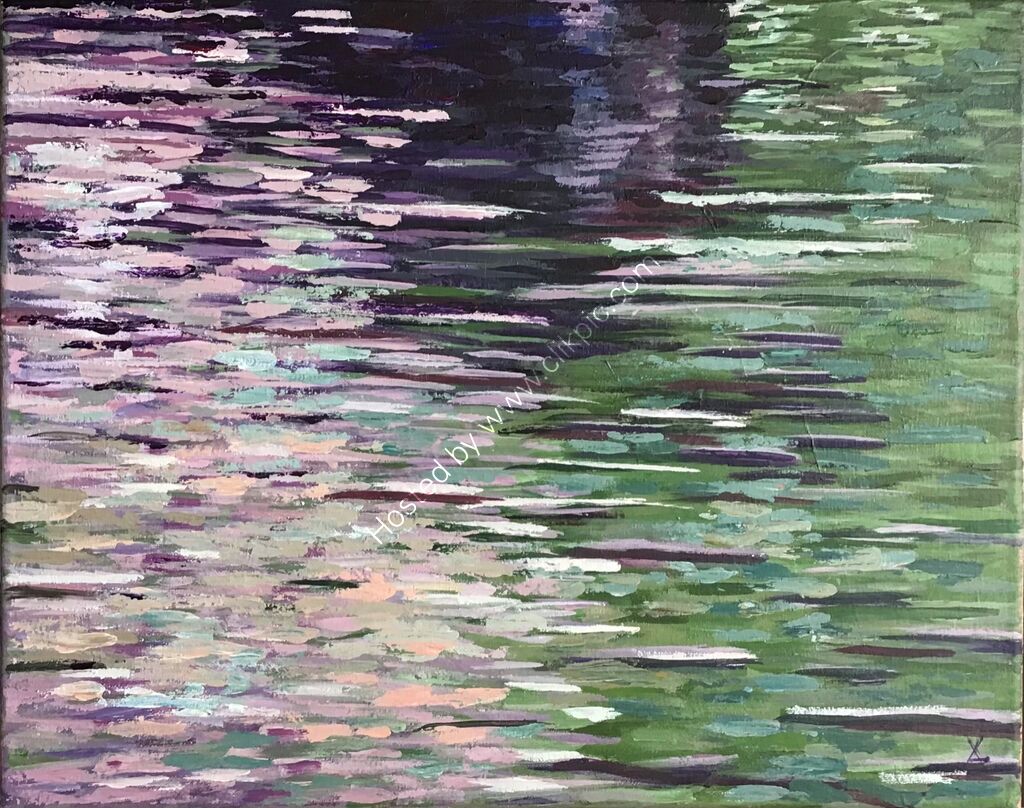 Pink and green ripples reflected on the water of the river Ouse, Bedfordshire