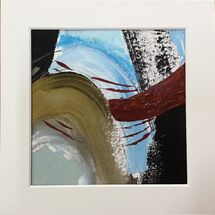 gold, blue, terracotta, black, shapes, lines, acrylic, mixed media, original, painting