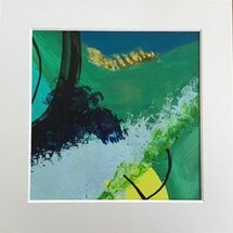 Small abstract in shades of green, turquoise, blues, yellow and black