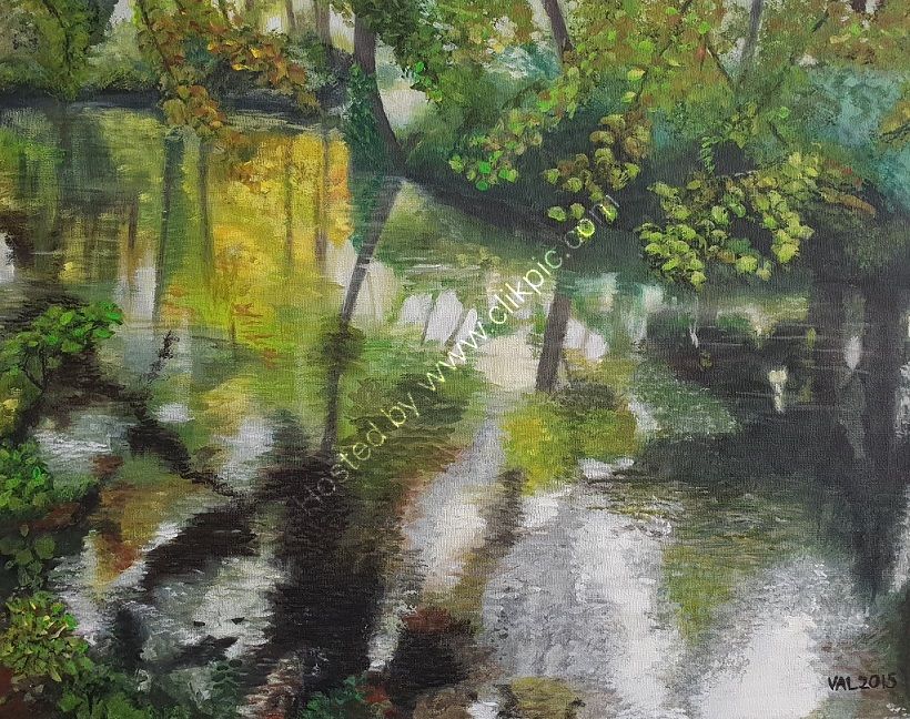 reflections, water, abstracted, trees, green, gold, autumn