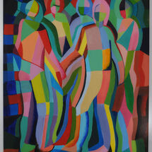 A colourful abstract expressive painting of a group of dancers - Cubist style