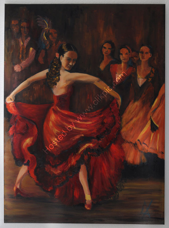 flamenco, woman, drama, swirling skirts, audience, reds, golds
