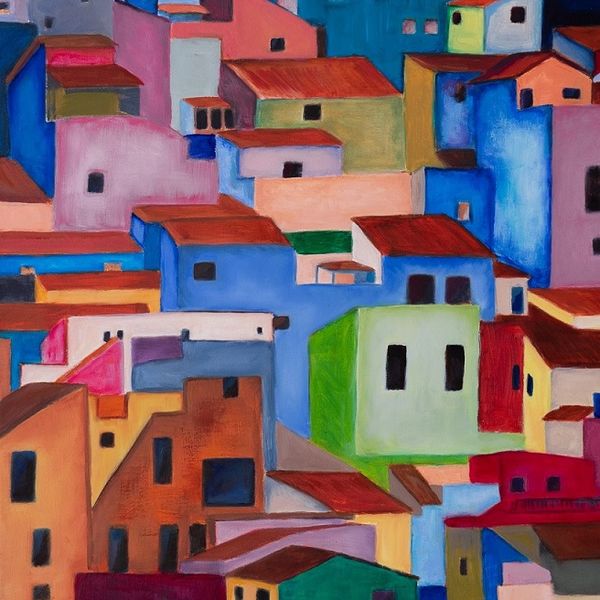 Abstracted shapes of colourful painted houses in a Spanish village