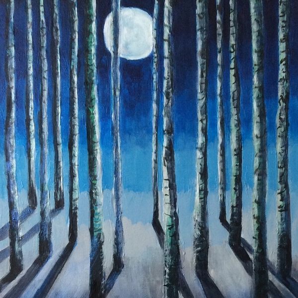 the moon behind a stand of silver birch casts long shadows on the ground