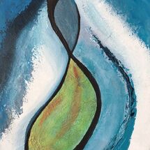 abstract in which curving black lines and bands of colour suggest an unfurling leaf shape