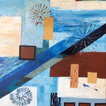 Abstract acrylic in shades of blue, terracotta, ochre and cream