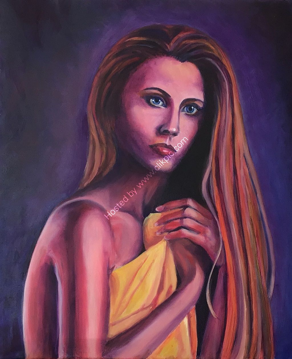 A Fauvist portrait of a woman wrapped in a towel and looking nervous