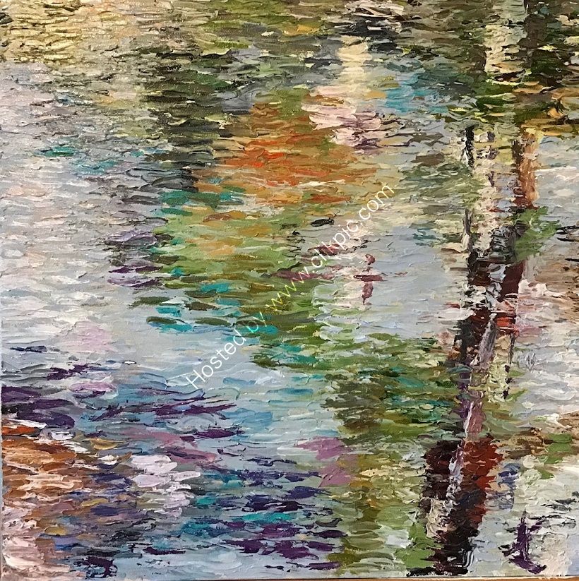 reflections, water, abstracted, trees, bule, green, warm, cool, contrast