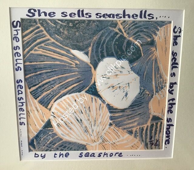 A linocut print showing seashells, peach and blue grey, writing around mount