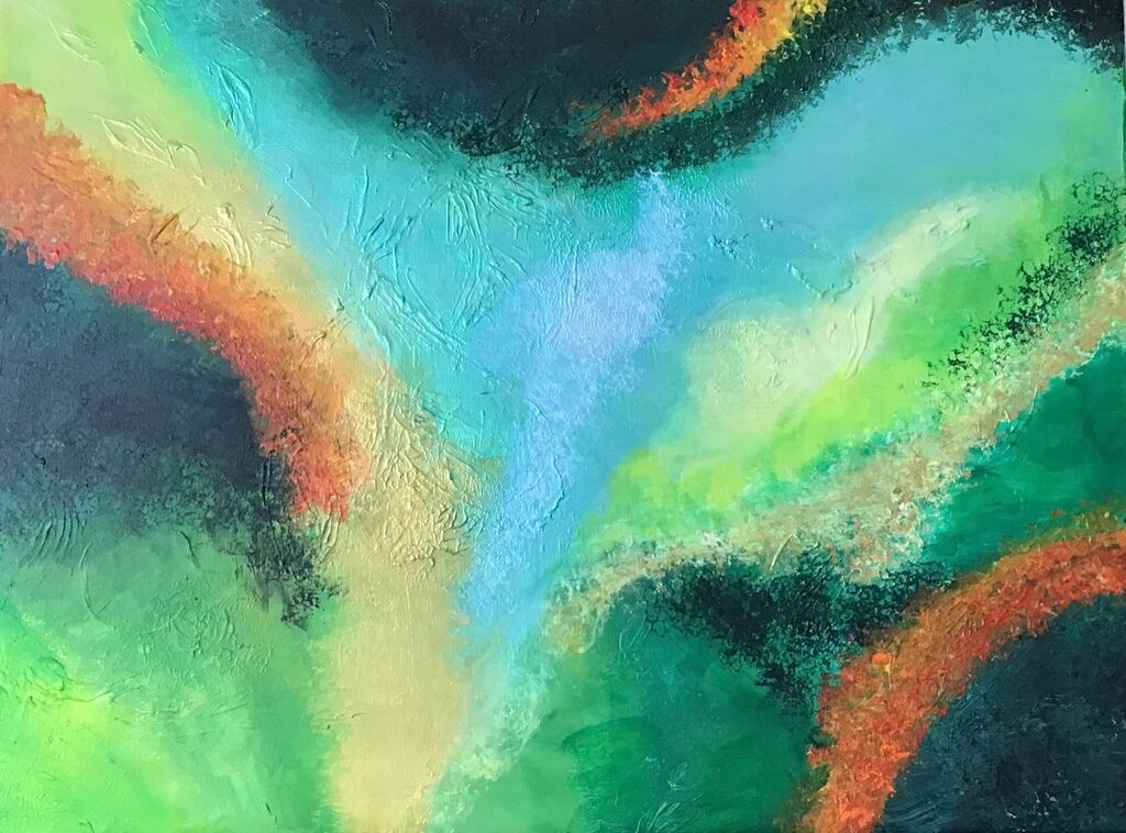 Abstract painting, shades of green and turquoise, accents of orange and jellow.