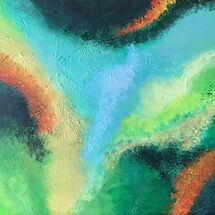 Abstract painting, shades of green and turquoise, accents of orange and jellow.