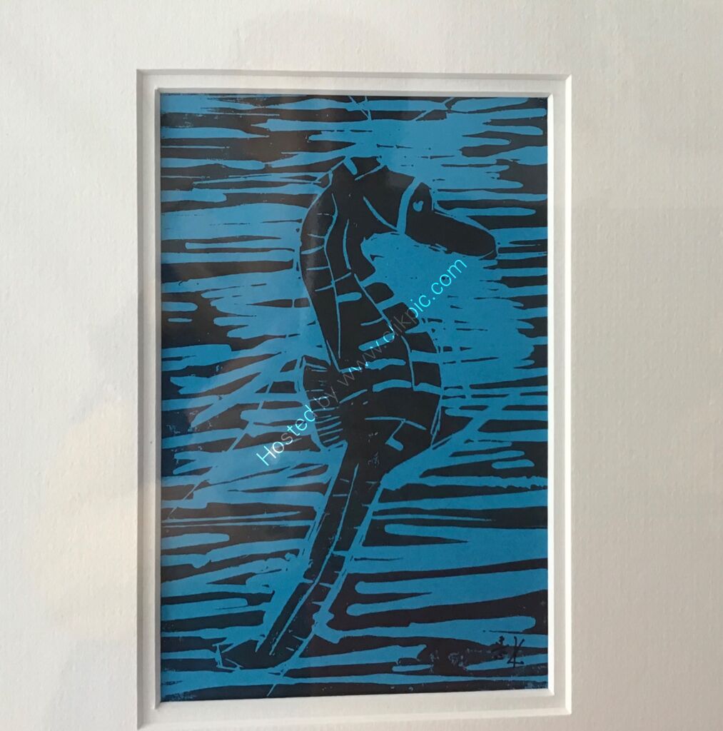 Linocut, seahorse, black, yellow