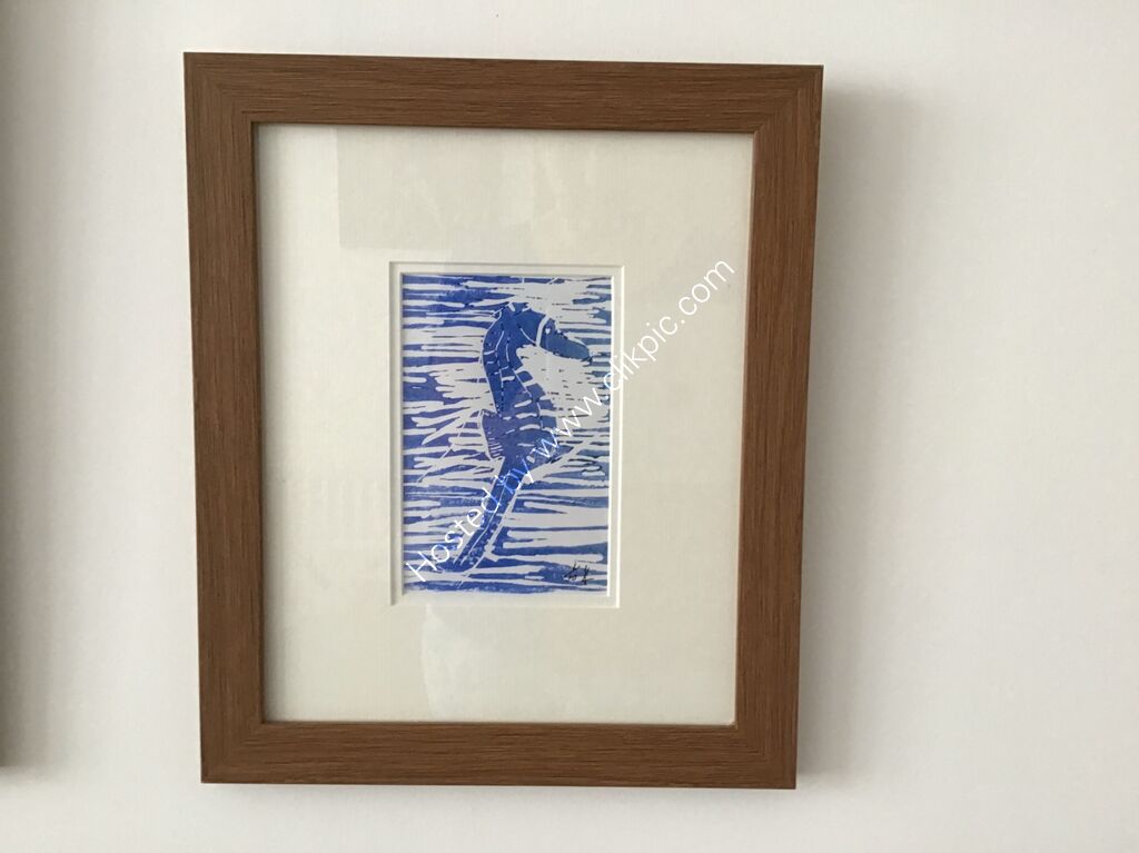 Linocut, seahorse, black, yellow