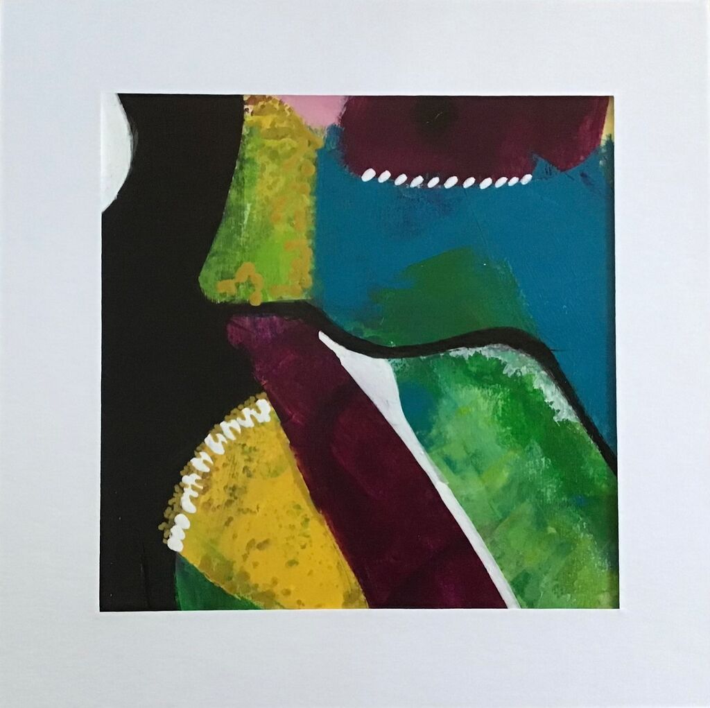 small abstract painting in green, turquoise, yellow, black, purple, white accents