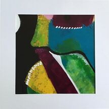 small abstract painting in green, turquoise, yellow, black, purple, white accents