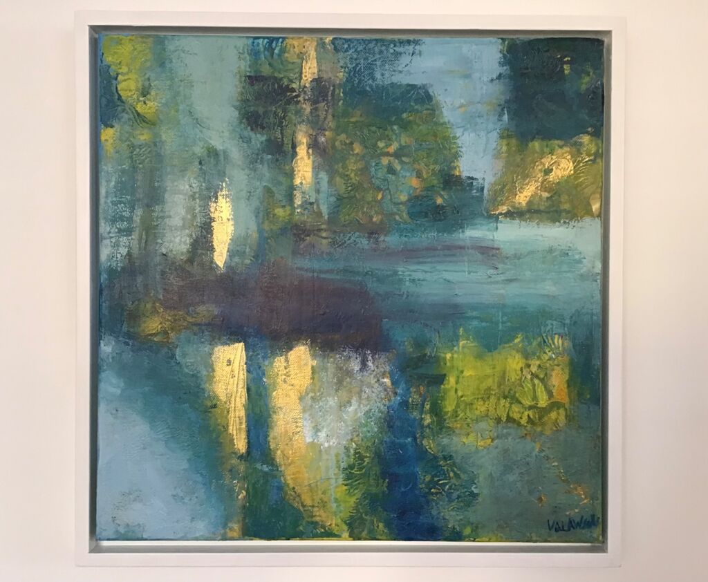 Abstract painting, cool blues, green and yellow, acrylic on canvas, framed