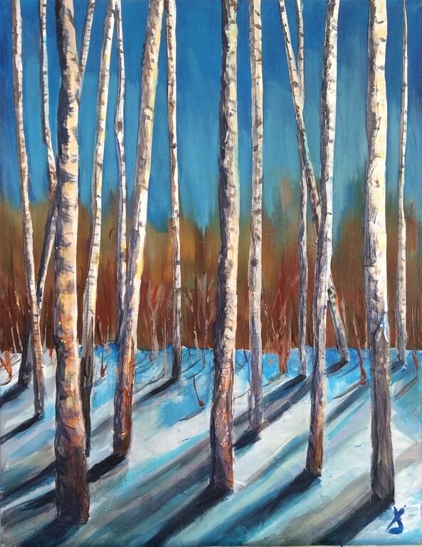 Abstracted image on canvas tree trunks and shadows pale blues and brick tones