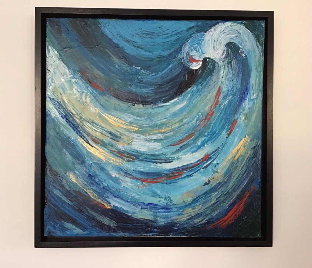 Blues, wave like curve, enhanced with gold and red, abstract, framed