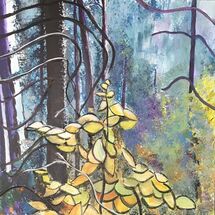 abstracted forest landscape painting 60/cm square. Palette greens, gold, turquoise, purple, dark grey