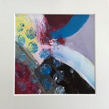 Small abstract blocks of lemon yellow, magenta, grey, black, lilac, accented with teal blue