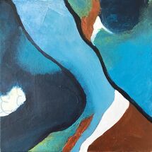 abstract acrylic painting in shades of cool blue and turquoise with warm brown and white