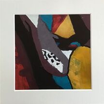 Small abstract with blocks of colour in shades of yellow, plum, teal, with black and white accents