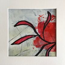 Alien Landscape muted grey, red, black in small mixed media painting