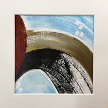 gold, blue, terracotta, black, shapes, lines, acrylic, mixed media, original, painting