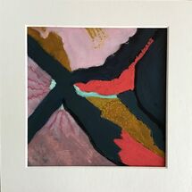 Deconstructed 2 small mixed media painting; dark cruciform shape offset by soft pink, orange and gold