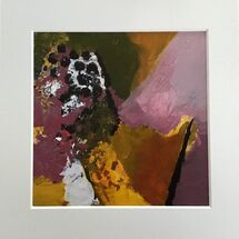 Small abstract shades of pink, olive green, yellow, orange, accented black white