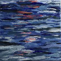 Reflections 9 Ripples reflecting light on water, shades of blue, flashes of red and pink
