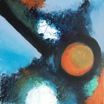 Abstract acrylic painting in shades of blue and turquoise, with warm brown, black and white.