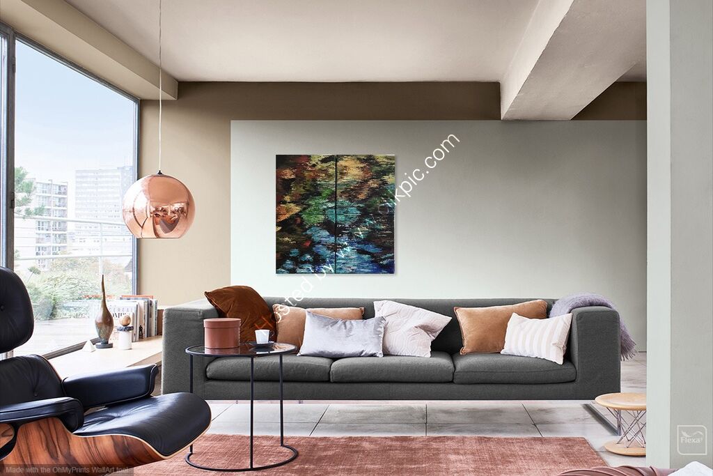 A four part painting of landscape reflecting into water