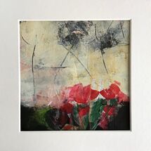 abstract landscape, red marks, creamy sky, grey clouds, lines