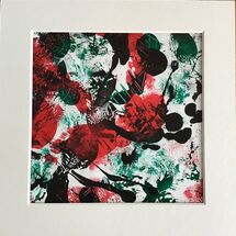 Tribal lively red, green and black marks on small mixed media painting