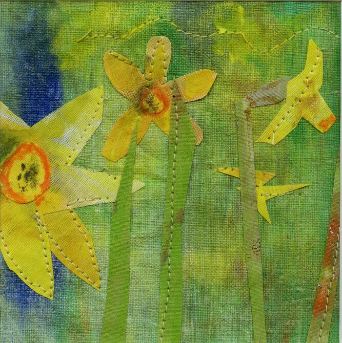 daffodils in textile print and collage