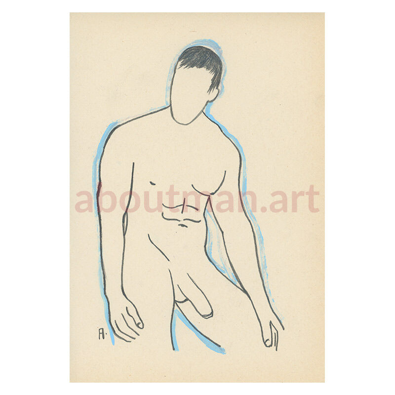 Blue Outline - original male nude art, full frontal drawing, buy art online