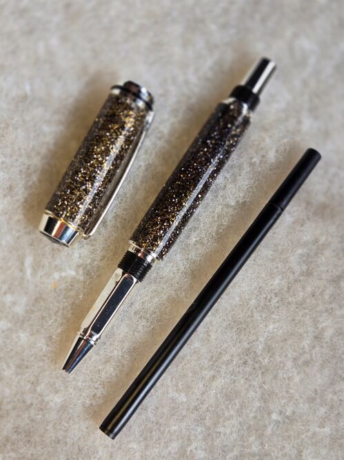 Rollerball Pen = Gold glitter on Chrome