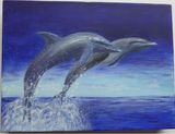 Dolphins An acrylic painting, on a stretched canvas block frame. W=30 cms + h=23 cms